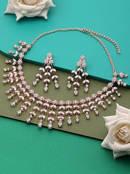 Mint Green Dazzling Cubic Zirconia Designer Brass Necklace Earring Set For Women - Rajputtrade