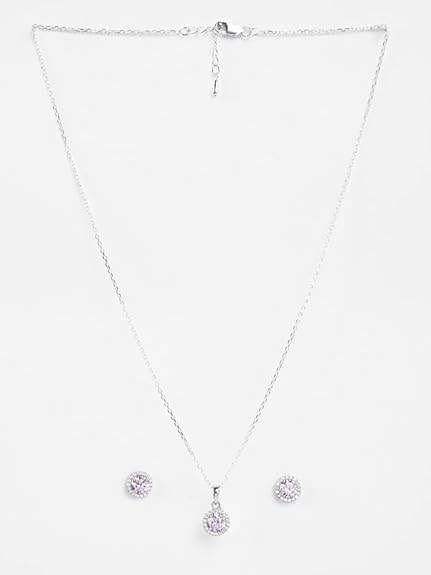 925 Sterling Silver Tove Pink Solitaire Pendant Earrings Chain Necklace Jewellery Set | Platinum Plated, Swiss Zirconia |Gift for Women and Girls - Rajputtrade