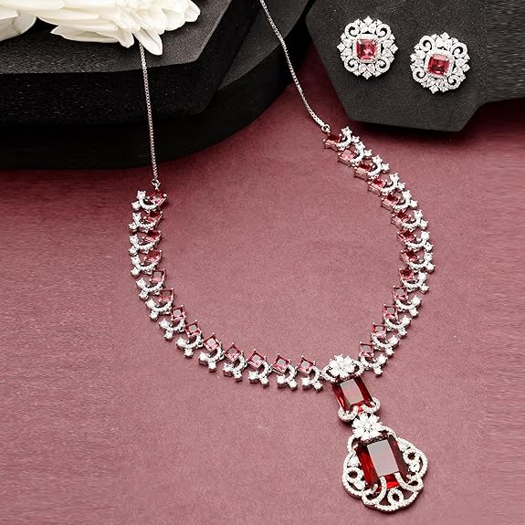 Rhodium Plated Silver Toned Brass Royale Celebrity Inspired, Cystal Jewellery Set For Women & Girls - Rajputtrade