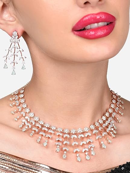 Mint Green Dazzling Cubic Zirconia Designer Brass Necklace Earring Set For Women - Rajputtrade