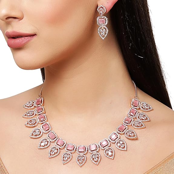 Rose Gold Plated Handcrafted Circle Necklace Set for Women & Girls (Pink Rose) - Rajputtrade