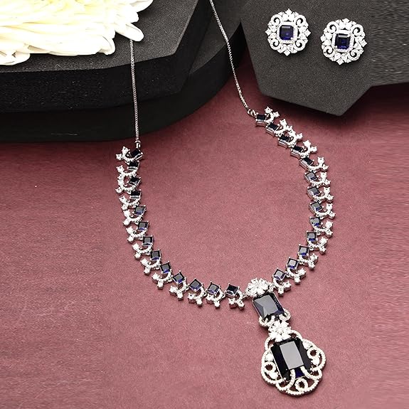 Rhodium Plated Silver Toned Brass Royale Celebrity Inspired, Cystal Jewellery Set For Women & Girls (Blue) - Rajputtrade