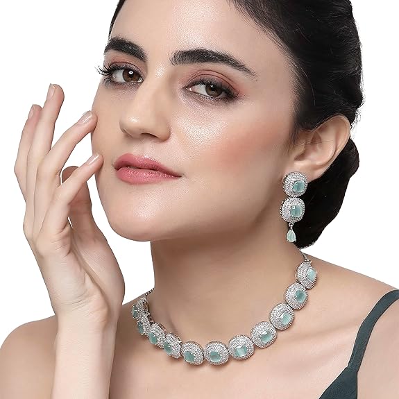 Silver Toned Triangular Shaped American Diamond Studded Jewellery Set For Women and Girl (Sea Green) - Rajputtrade