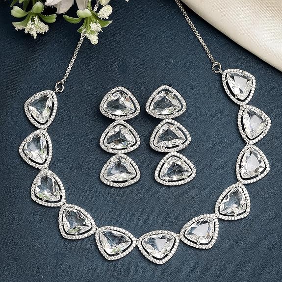 Silver Toned Triangular Shaped American Diamond Studded Jewellery Set For Women and Girl (White) - Rajputtrade
