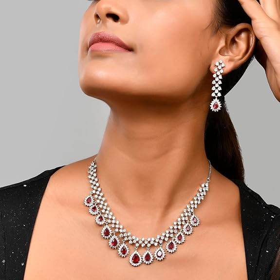 Dazzling Red American Diamond Necklace Set For Women - Rajputtrade