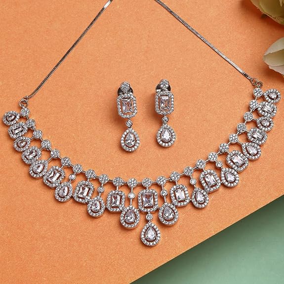 Silver Toned American Diamond Studded Jewellery Set for Women (Silver) - Rajputtrade