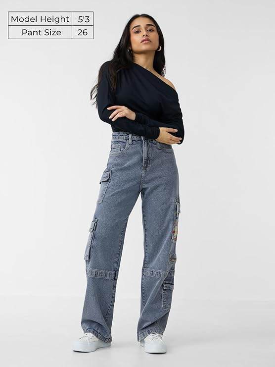 Denim: Light Blue Women and Girls Buttoned Embroidered Cotton Blend Straight Fit Cargo Jeans (Size 34) - Rajputtrade