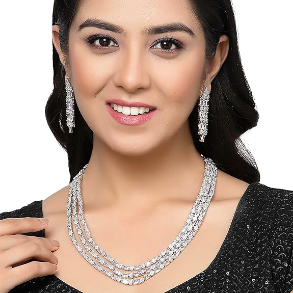 Studded Layered Necklace With Earrings Jewellery Set For Girls and Women (White) - Rajputtrade