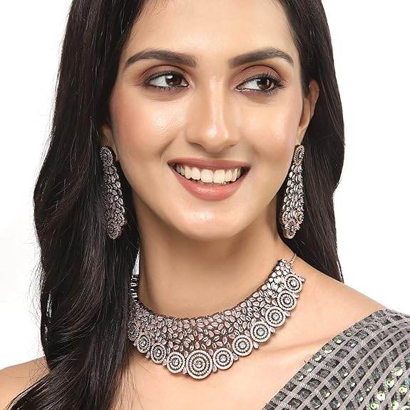 Choker Necklace with Earrings Jewellery Set with Girls and Women (Rose Black-Pink) - Rajputtrade
