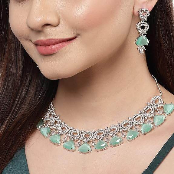 Choker Necklace And Drop Earrings Jewellery Set For Women (Sea Green) - Rajputtrade