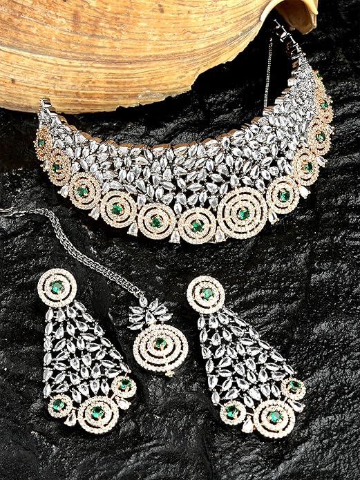 Rose Gold Plated Blue American Diamond Studded Choker Necklace Set for Women (Green) - Rajputtrade