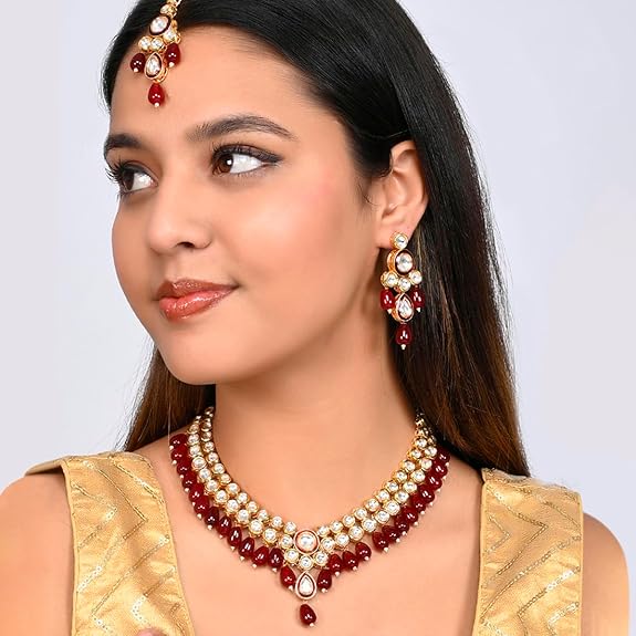 Kundan Elegance Round Cut Gems Beaded Maang Tika Set For Women - Rajputtrade