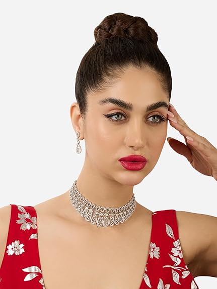 Silver Tone Dazzling Cubic Zirconia Brass Choker Necklace and Earring Set For Women - Rajputtrade