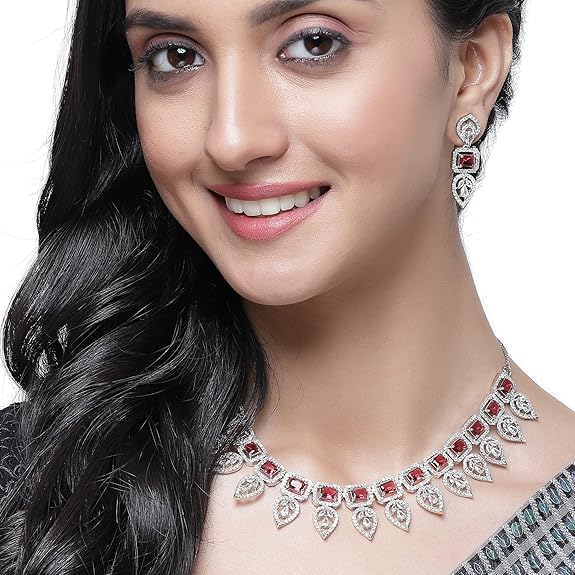 Jewellery Set Leaf Style AD/ Rose Gold Plated Handcrafted Circle Necklace Set for Women & Girls (Red) - Rajputtrade