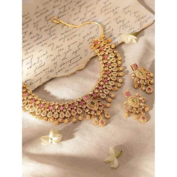 Gold Tone Temple Necklace Set with Multicolored Stones For Women - Rajputtrade