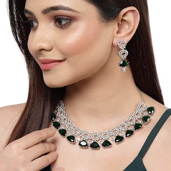 Choker Necklace And Drop Earrings Jewellery Set For Women (Green) - Rajputtrade