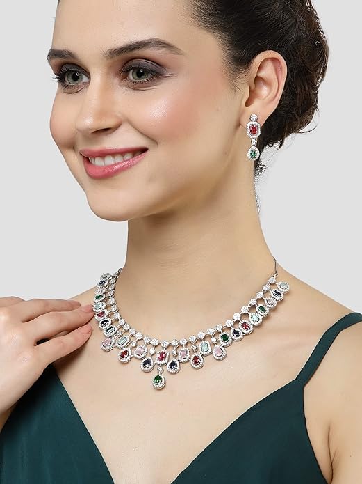 Silver Toned American Diamond Studded Jewellery Set for Women (Multicolor) - Rajputtrade