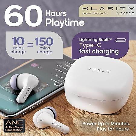 Boult Buds Klarity 4 ANC in-Ear Truly Wireless Earbuds with 35dB Active Noise Cancellation, 60H Playtime (White) - Rajputtrade