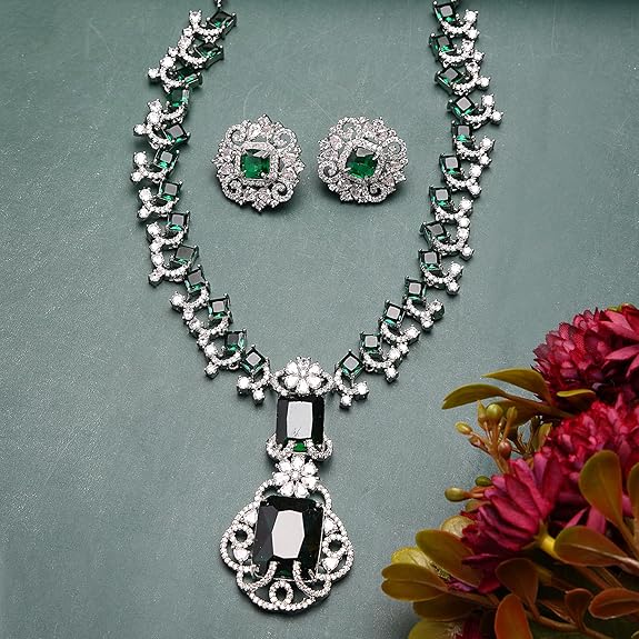 Rhodium Plated Silver Toned Brass Royale Celebrity Inspired, Cystal Jewellery Set For Women & Girls (Green) - Rajputtrade