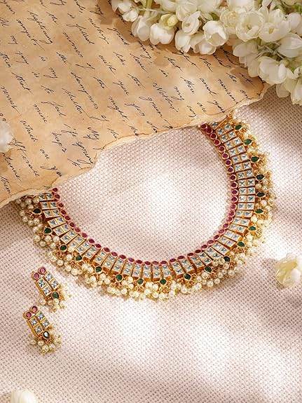 24K Gold-Plated Handcrafted Artificial Lotus Motif Jewelry Set with Earrings For Women and Girls - Rajputtrade