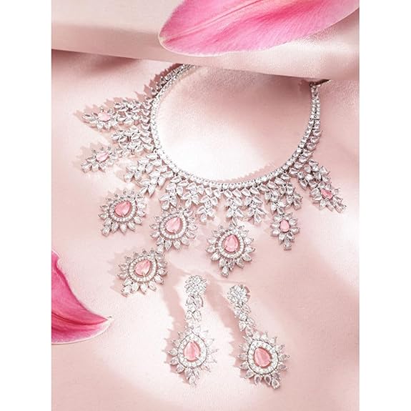 Womens Silver Plated Handcrafted Pink AD Stone Studded Necklace and Earring Set - Rajputtrade