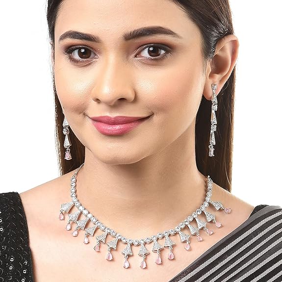 Silver Toned White, Necklace With Earring Jewellery Set For Woment and Girl - Rajputtrade