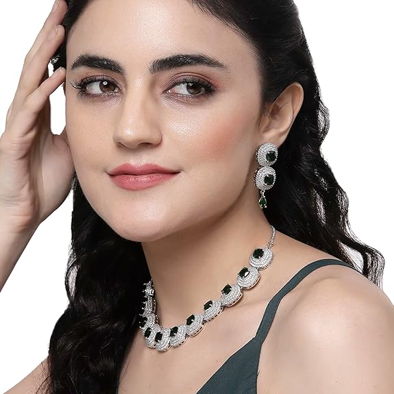 Silver Toned Triangular Shaped American Diamond Studded Jewellery Set For Women and Girl (Green) - Rajputtrade