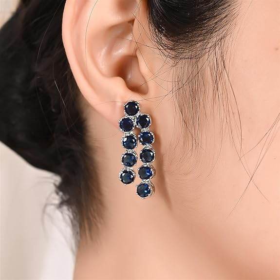 Cubic Zirconia Dual Strand Necklace Jewellery Set With Dangler Earrrings For Women/Girls (Blue) - Rajputtrade