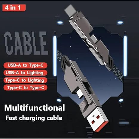 4 in 1 Metal Flat Braided Indestructible Cable 1.2m 60W with Type C, type C to C, type A | iPhones, iPads, Macbooks (Grey)