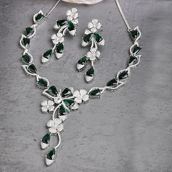 Silver Plated Brass Rhodium Coated Emerald & Necklace With Earring Jewellery Set For Women (Green) - Rajputtrade