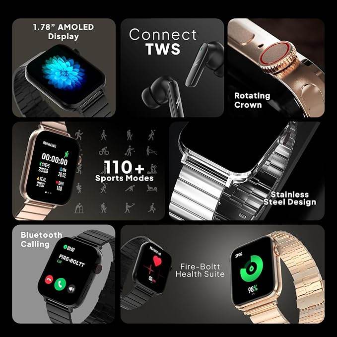 Fire-Boltt Visionary Ultra 1.78" AMOLED, Stainless Steel Luxury Smart Watch, TWS Connection (Gold) - Rajputtrade