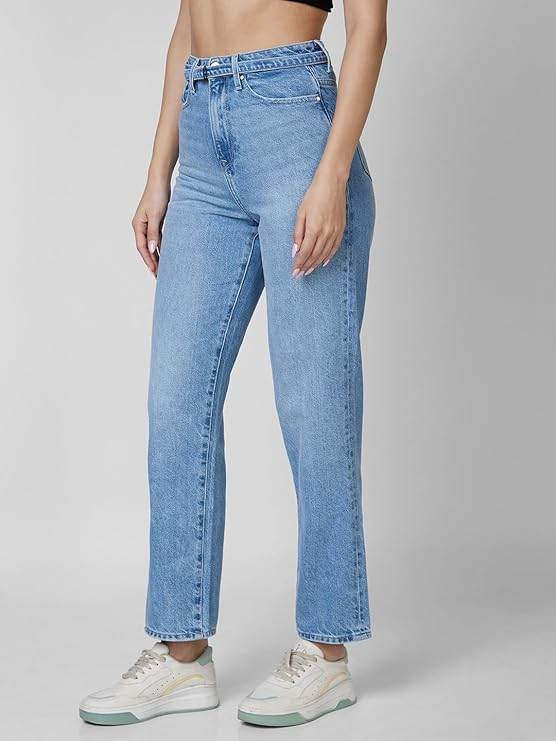 High Rise Straight Fit Blue Jeans for Women, Ice Blue (Size 38) - Rajputtrade