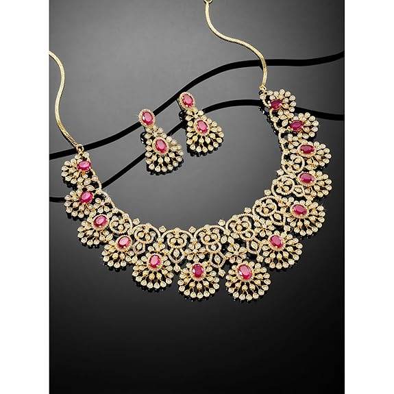 Gold Plated Cubic Zirconia & Red Crystal Studded Floral Necklace & Dangle Earring - Rajputtrade