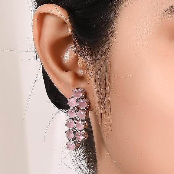 Cubic Zirconia Dual Strand Necklace Jewellery Set With Dangler Earrrings For Women/Girls (Pink) - Rajputtrade