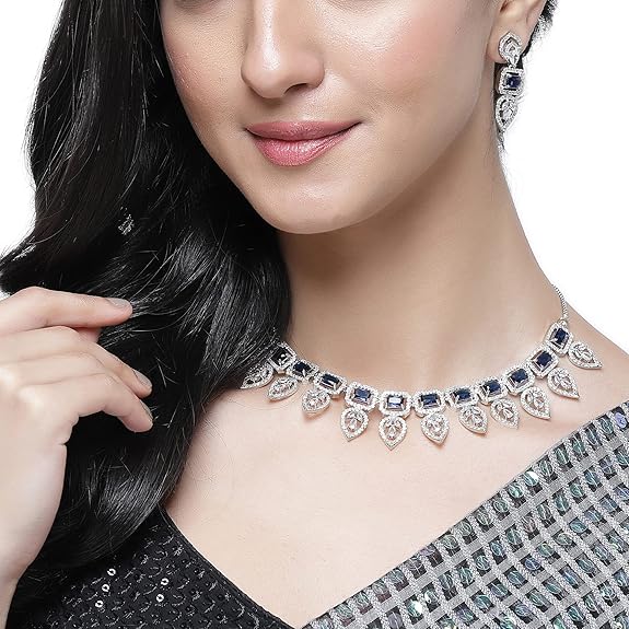 Jewellery Set Leaf Style AD/ Gold Plated Handcrafted Circle Necklace Set for Women & Girls (Blue) - Rajputtrade