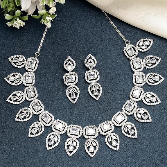 Jewellery Set Leaf Style AD/ Rose Gold Plated Handcrafted Circle Necklace Set for Women & Girls (Silver White) - Rajputtrade