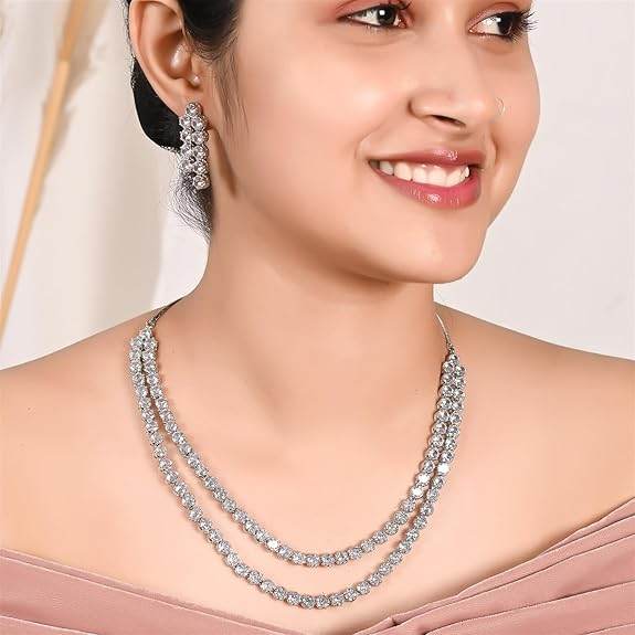 Cubic Zirconia Dual Strand Necklace Jewellery Set With Dangler Earrrings For Women/Girls (White) - Rajputtrade