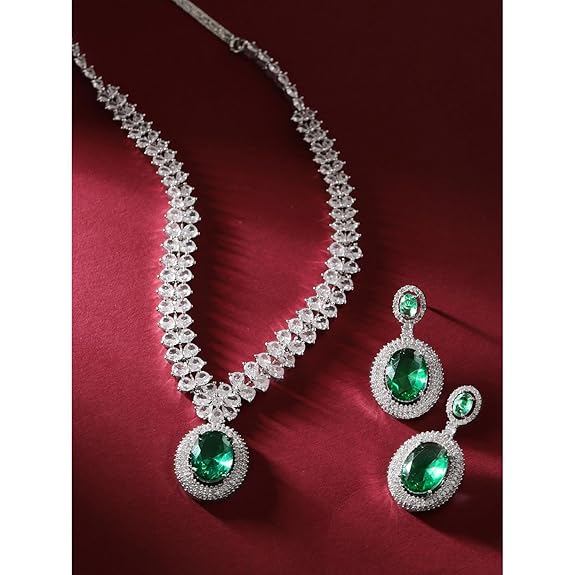 Women's Rhodium Plated Premium White & Emerald Solitaire Zircons Pendant Necklace Set - Rajputtrade