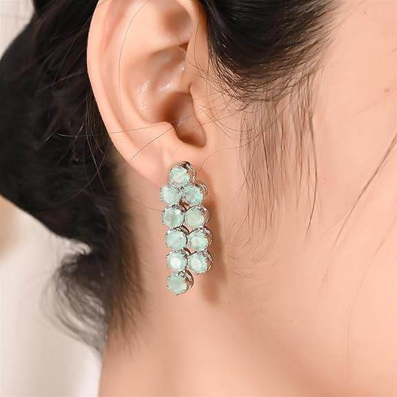 Cubic Zirconia Dual Strand Necklace Jewellery Set With Dangler Earrrings For Women/Girls (Mint Green) - Rajputtrade