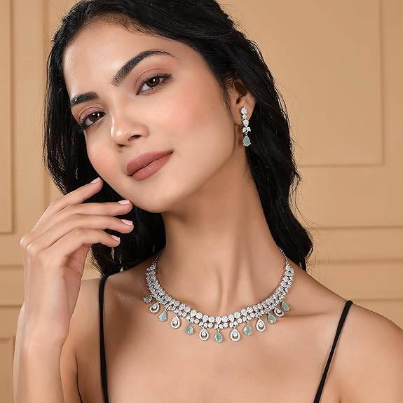 Elegance Green And White Teardrop Cut Cz Jewellery Set For Women | Jewellery Set - Rajputtrade