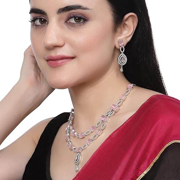 Abstract Necklace With Earrings Jewellery Set For Girls and Women (Pink) - Rajputtrade