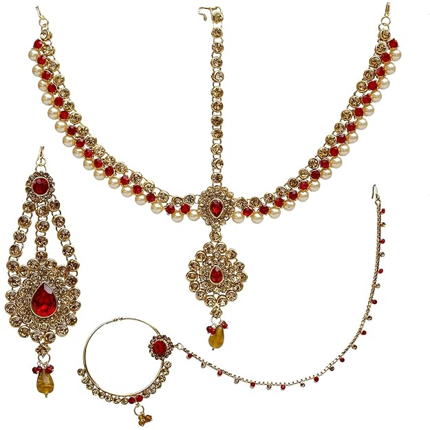Jewellery Wedding Designer Gold Plated Dulhan Choker Bridal Set with sheeshpatti for Girls & Women dark red - Rajputtrade