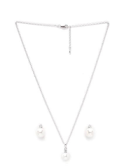 Sterling Silver and Pearl & Crystal Pendant Earrings Set With Chain for Women & Girls (White) - Rajputtrade