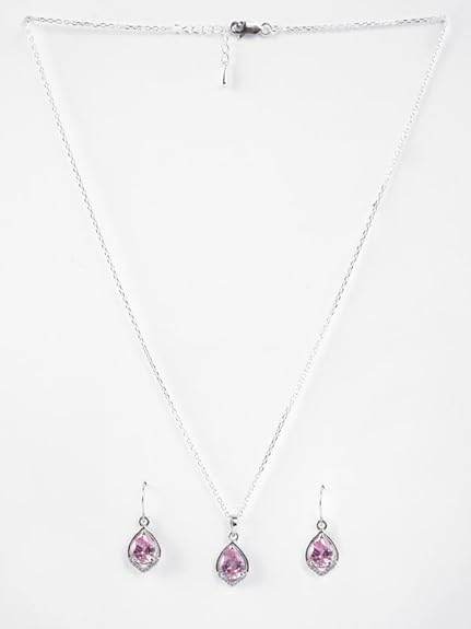 925 Sterling Silver Jino Pink Pear Solitaire Pendant Earrings Chain Necklace Jewellery Set | Platinum Plated, Swiss Zirconia |Gift for Women and Girls - Rajputtrade