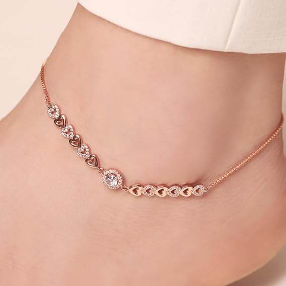 925 Sterling Silver Cubic Zirconia Heart Rose Gold Plating Chain Anklet (Single) | Gift for Women & Girls | - Rajputtrade
