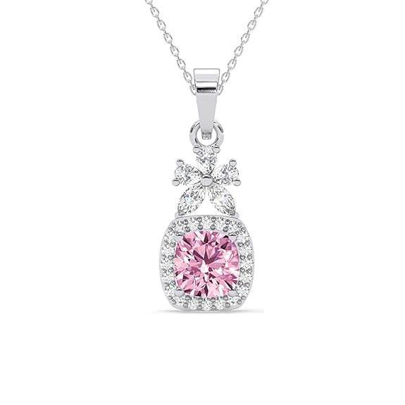 925 Sterling Silver Nera Pink Cushion Solitaire Pendant Earrings Chain Necklace Jewellery Set | Platinum Plated, Swiss Zirconia |Gift for Women and Girls - Rajputtrade