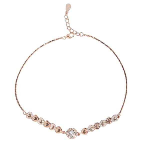 925 Sterling Silver Cubic Zirconia Heart Rose Gold Plating Chain Anklet (Single) | Gift for Women & Girls | - Rajputtrade