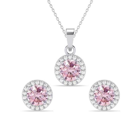 925 Sterling Silver Tove Pink Solitaire Pendant Earrings Chain Necklace Jewellery Set | Platinum Plated, Swiss Zirconia |Gift for Women and Girls - Rajputtrade