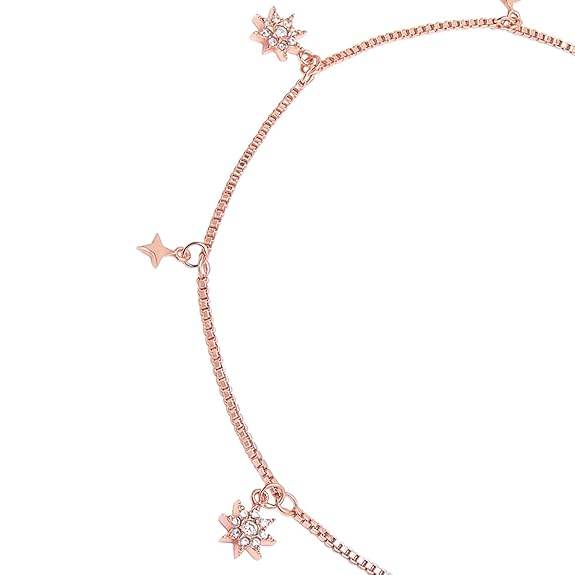 925 Sterling Silver Cubic Zirconia CZ Designer Dual Multi Stars Rose Gold Plating Anklet (Pair) | Gift for Women & Girls | - Rajputtrade