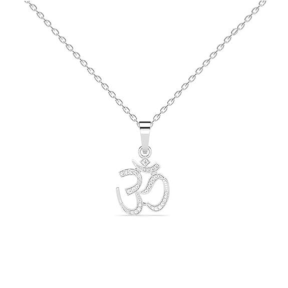 925 Sterling Silver Shine Om Pendant Necklace for Men & Women | With or Without Chain | Religious, Platinum Plated. Swiss Zircon - Rajputtrade